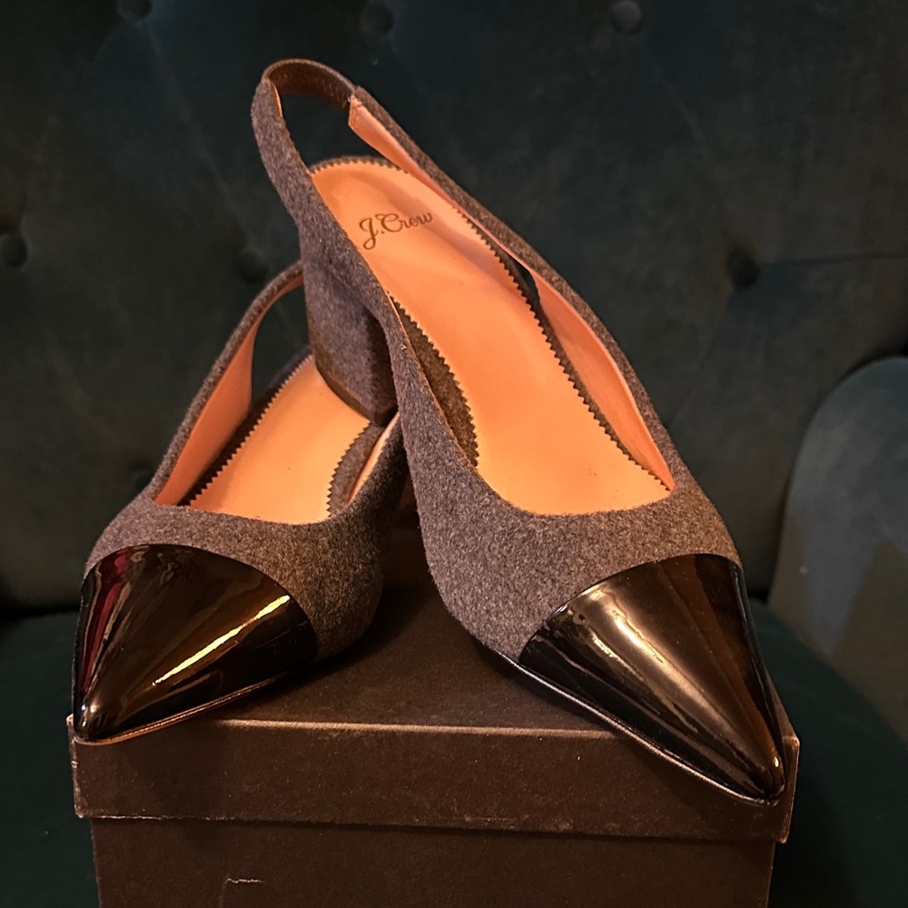 NIB J.Crew Slingback Pointed Block-Heel Pumps in Grey Wool with Patent Cap Toe